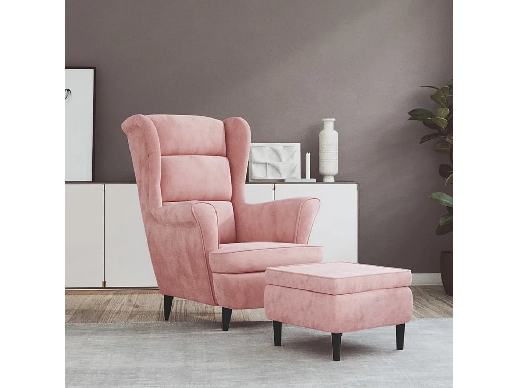 Fauteuil à oreilles avec tabouret rose velours