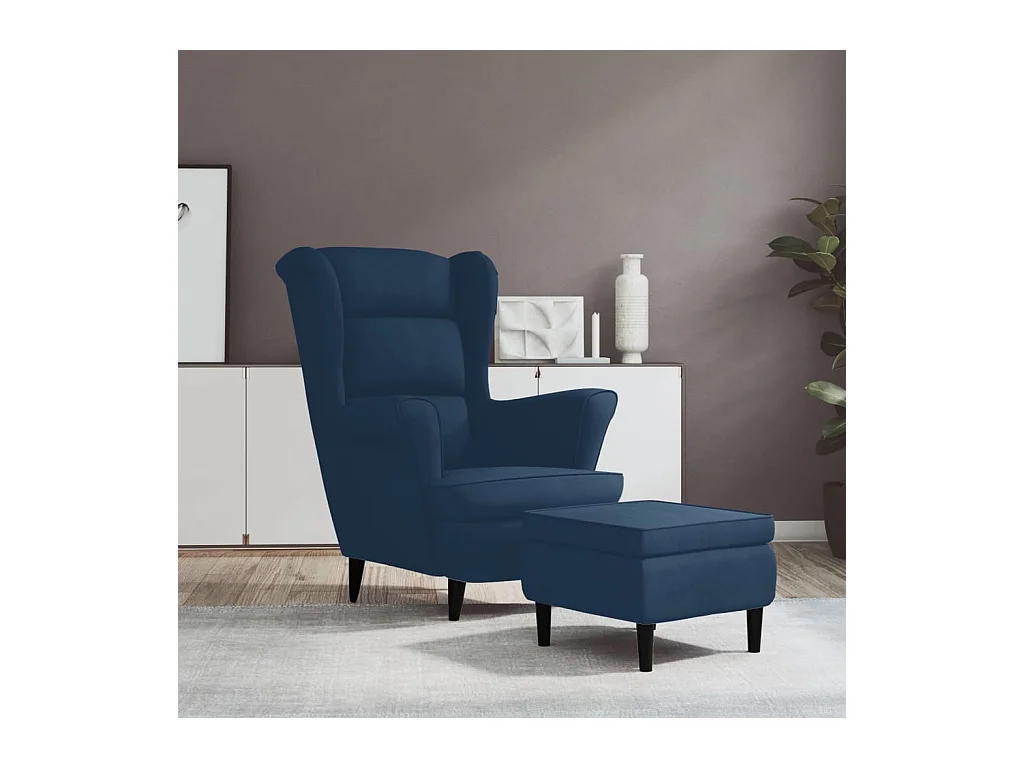 Fauteuil à oreilles avec tabouret bleu velours