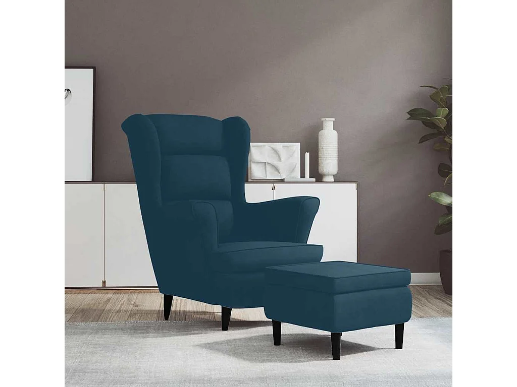 Fauteuil met voetenbank fluweel blauw