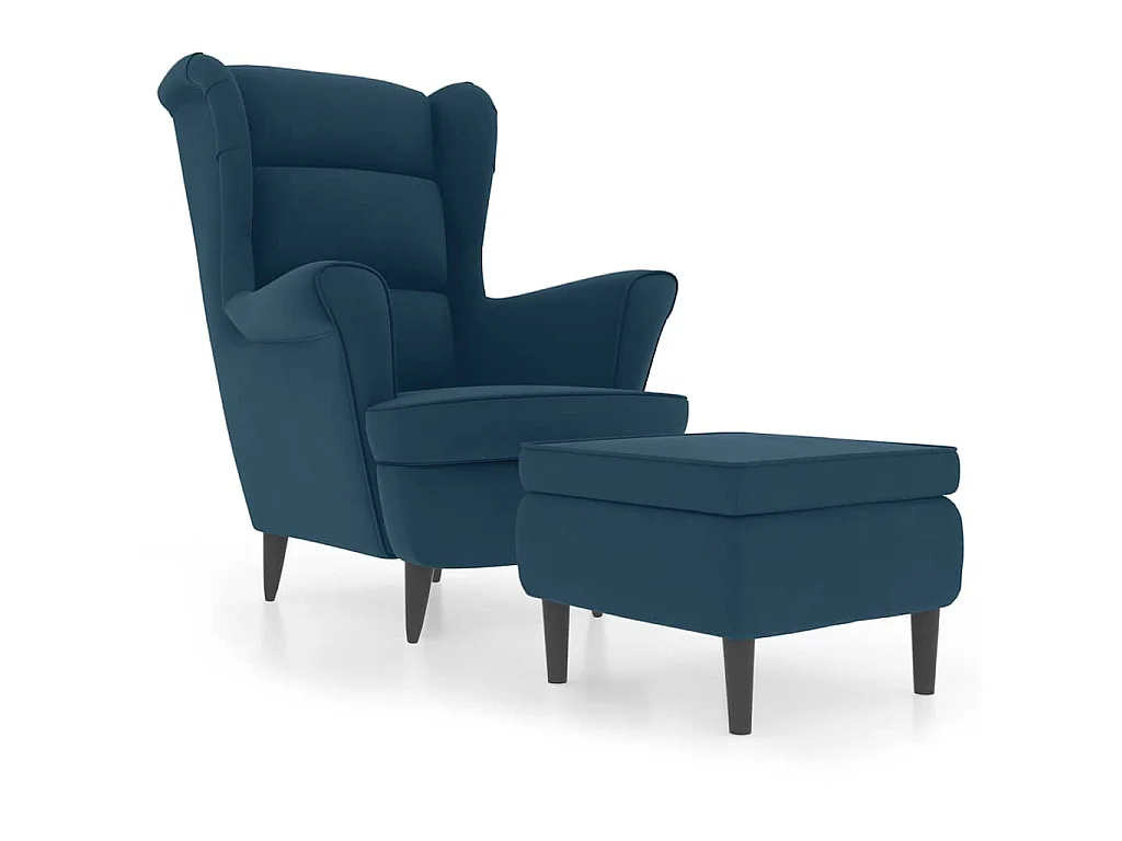 Fauteuil à oreilles avec tabouret bleu velours