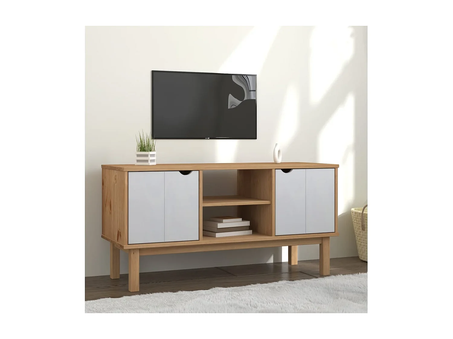 TV-Schrank OTTA Braun&Weiß 113,5x43x57 cm Massivholz Kiefer