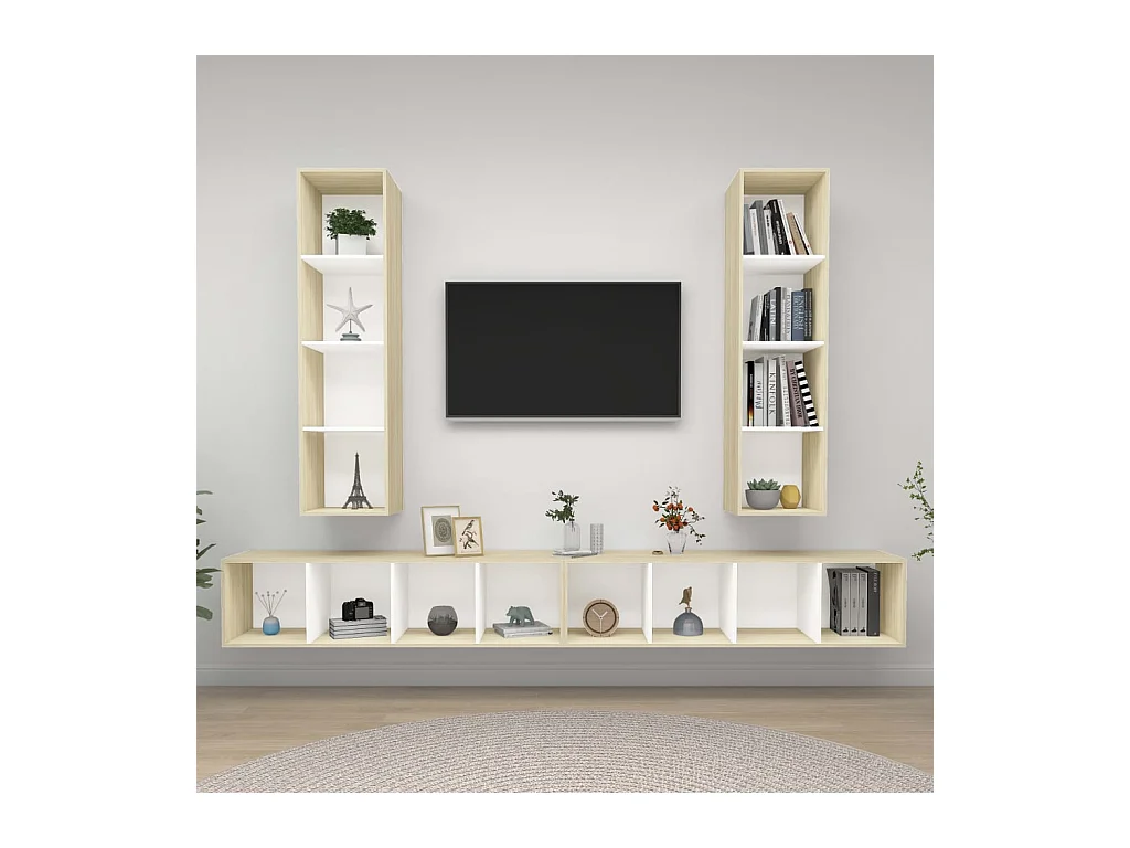 Meubles TV muraux 4 pcs Blanc et chêne sonoma Bois d'ingénierie