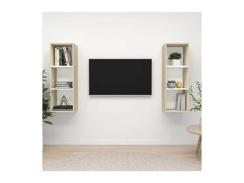 Meubles TV muraux 2 pcs Blanc et chêne sonoma Bois d'ingénierie