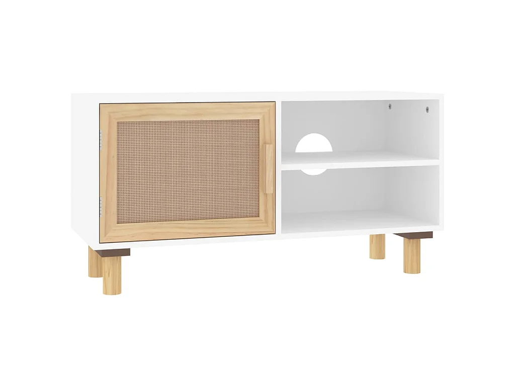 Meuble TV Blanc 80x30x40 cm Bois de pin massif et rotin naturel