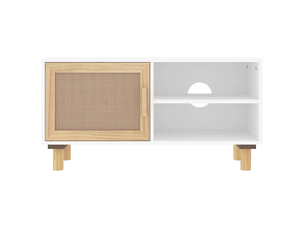 Meuble TV Blanc 80x30x40 cm Bois de pin massif et rotin naturel