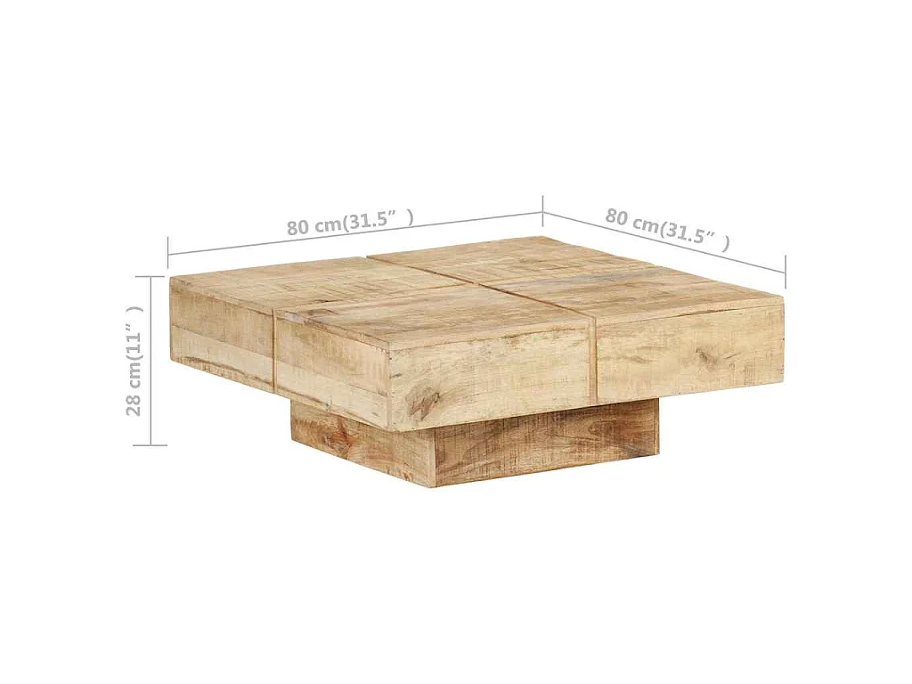 Tavolino da Salotto 80x80x28 cm in Legno Massello di Mango