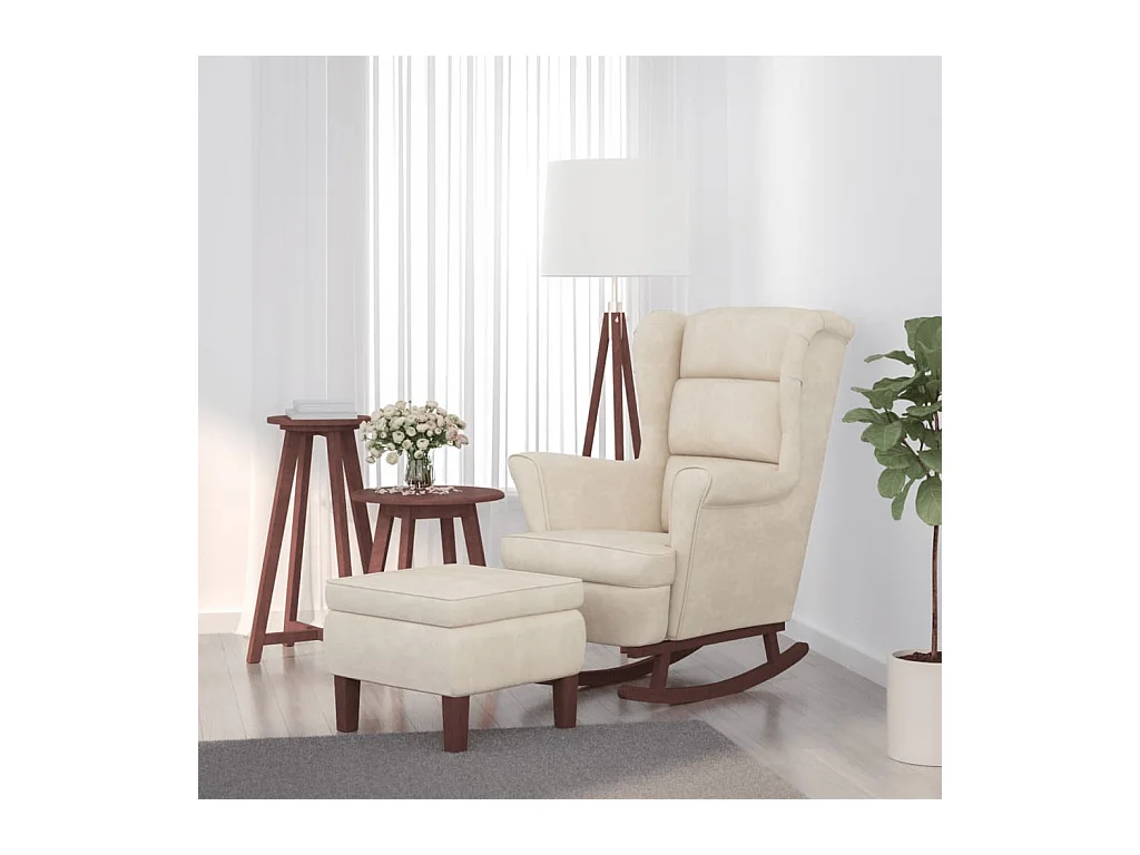 Chaise à bascule avec pieds en bois et tabouret Crème Velours