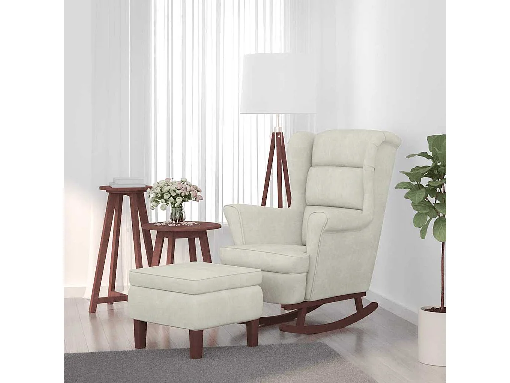 Schommelstoel met oorleuning, crèmekleurig fluweel massief hout