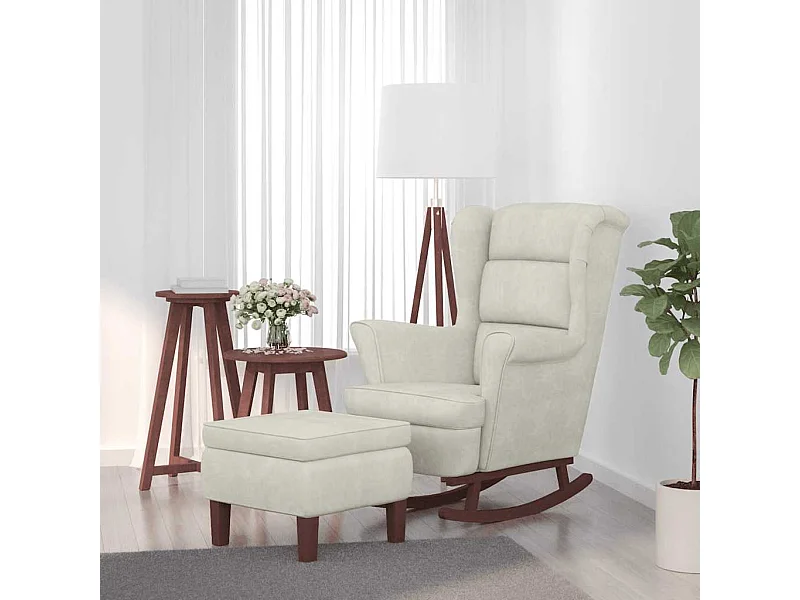 Schommelstoel met oorleuning, crèmekleurig fluweel massief hout