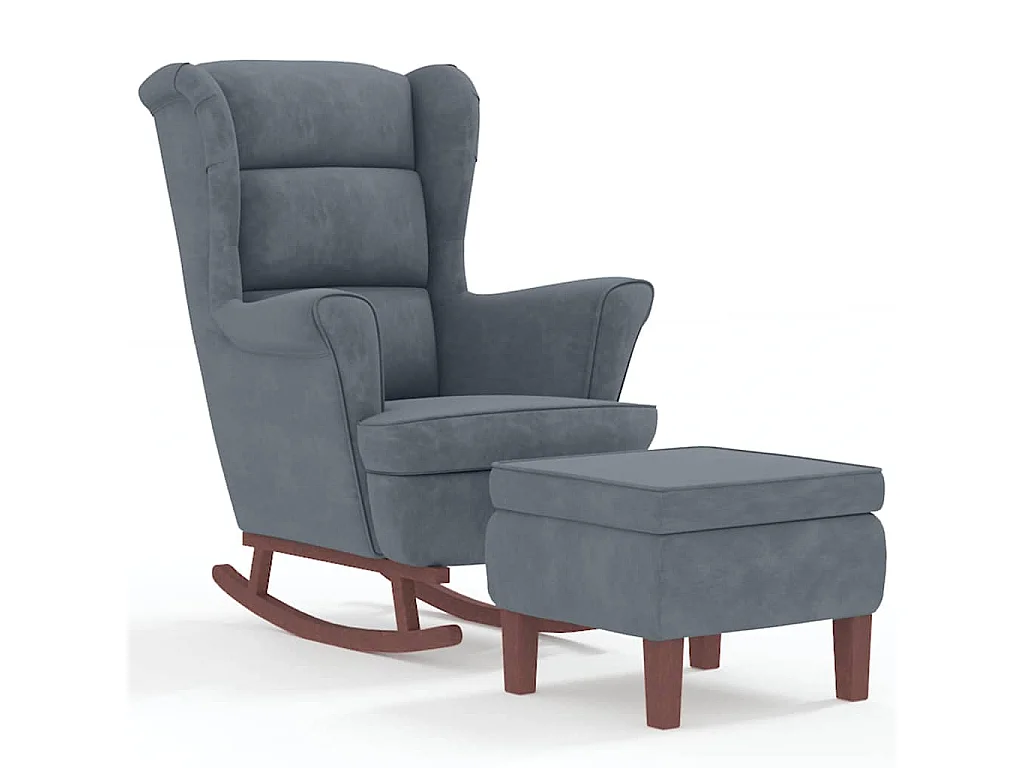 Fauteuil à bascule à oreilles en velours gris foncé bois massif