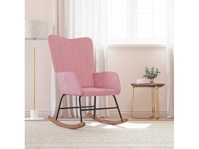 Chaise à Bascule Rose Velours - Fauteuil De Détente, Cadre Acier Et Bois, Dimensions 61x78x98 Cm