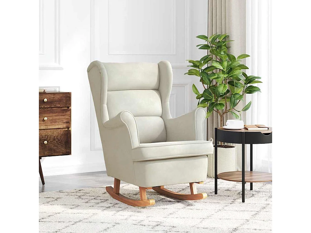 Schommelstoel met oorleuning crèmekleurig fluweel massief hout