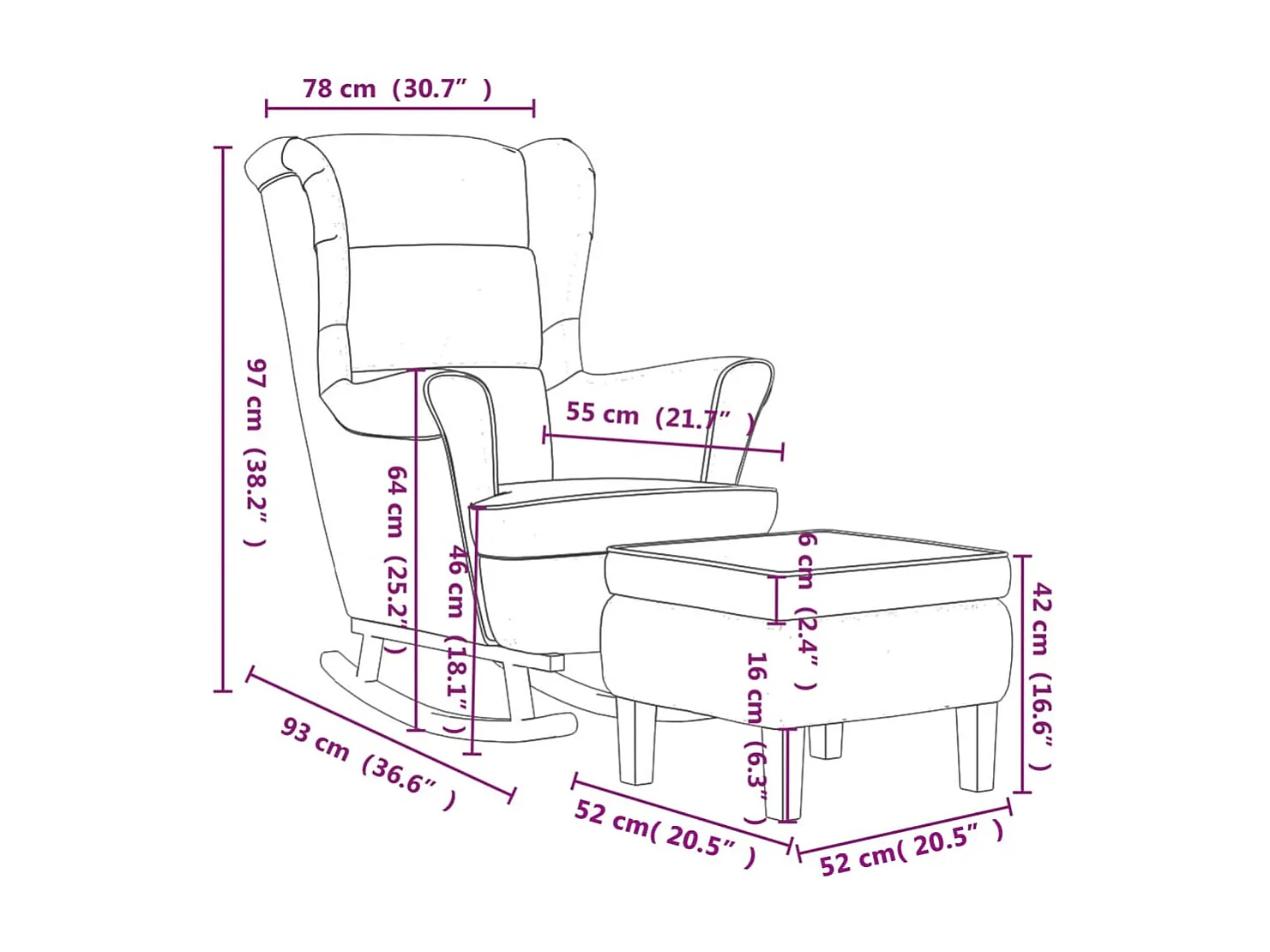 Fauteuil à bascule à oreilles en velours noir bois massif