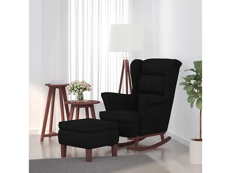 Fauteuil à bascule à oreilles en velours noir bois massif