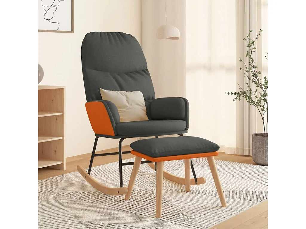 Poltrona a Dondolo con Poggiapiedi Grigio Scuro in Tessuto