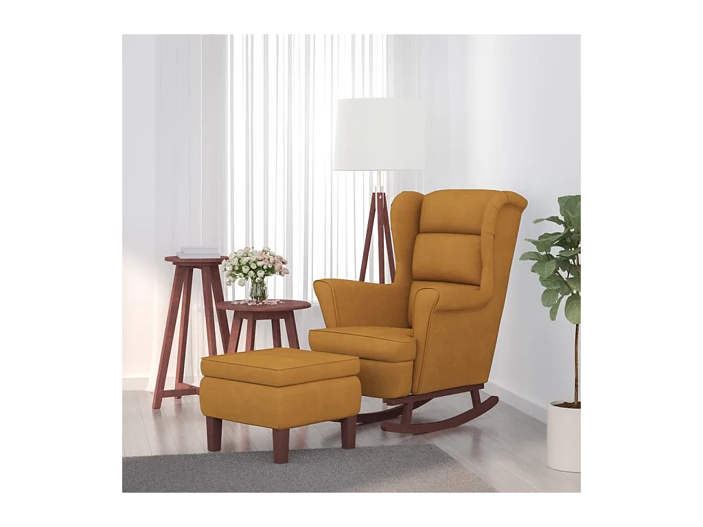 Fauteuil à bascule à oreilles en velours marron bois massif