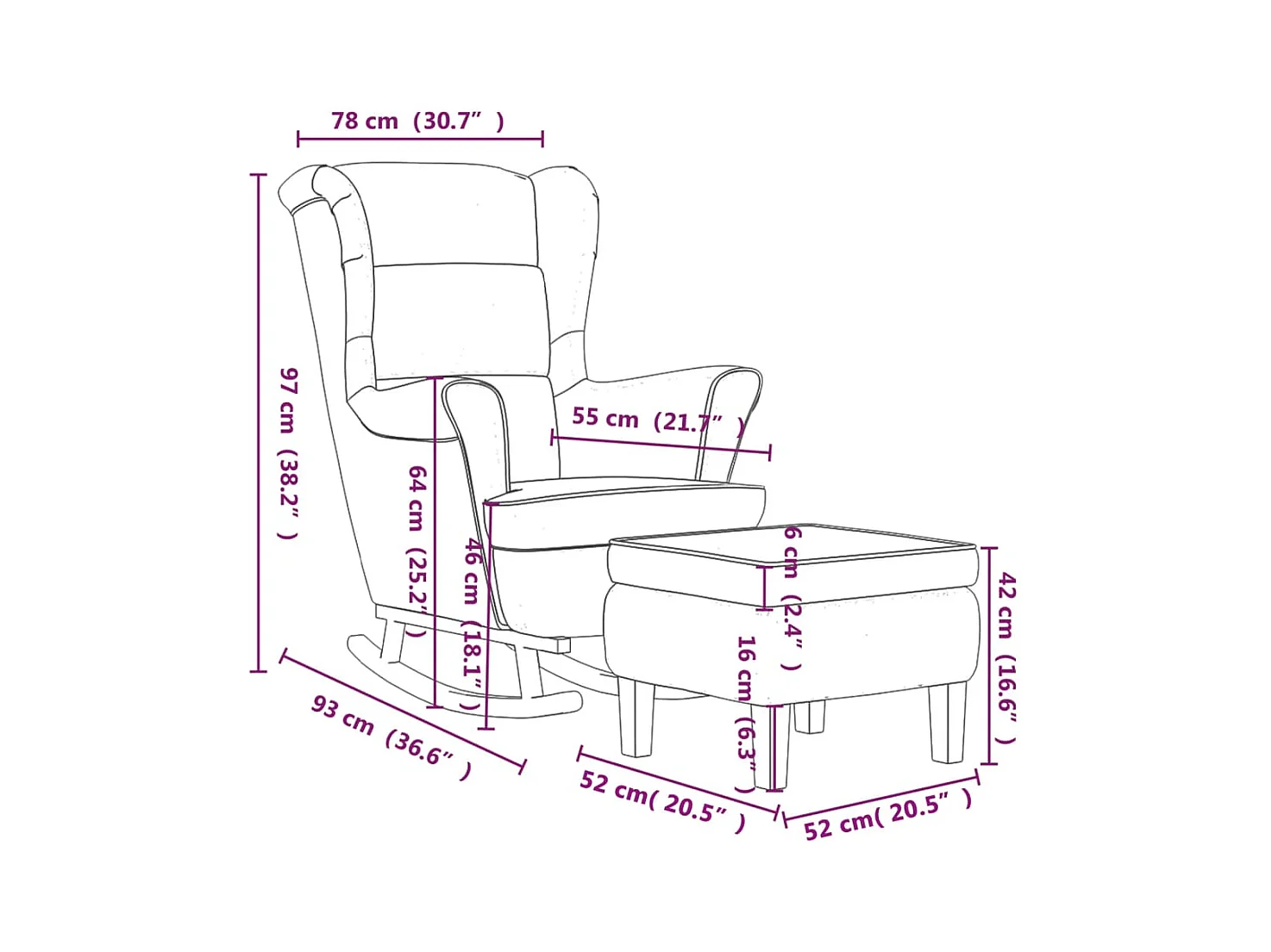 Fauteuil à bascule à oreilles en velours marron bois massif