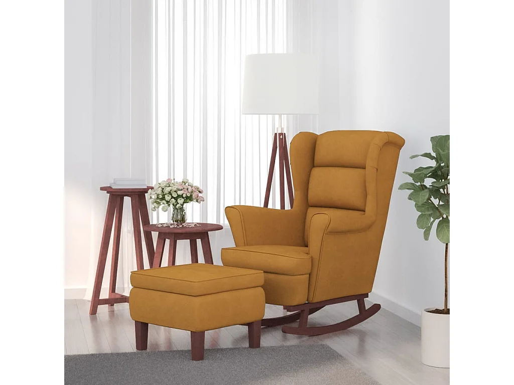 Fauteuil à bascule à oreilles en velours marron bois massif