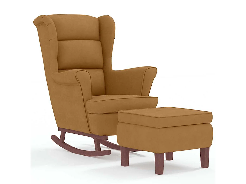 Fauteuil à bascule à oreilles en velours marron bois massif