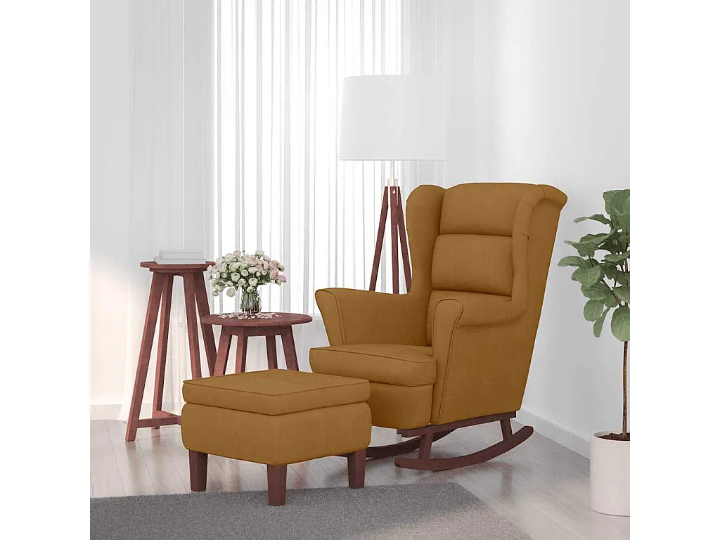 Fauteuil à bascule à oreilles en velours marron bois massif