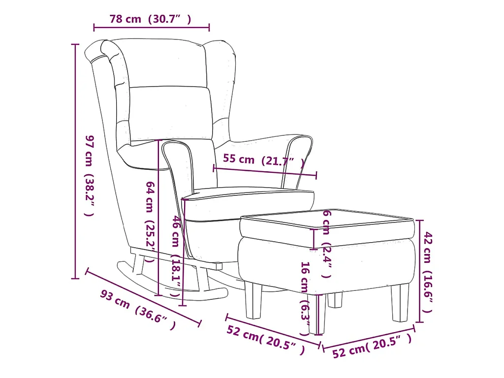 Fauteuil à bascule à oreilles en velours marron bois massif