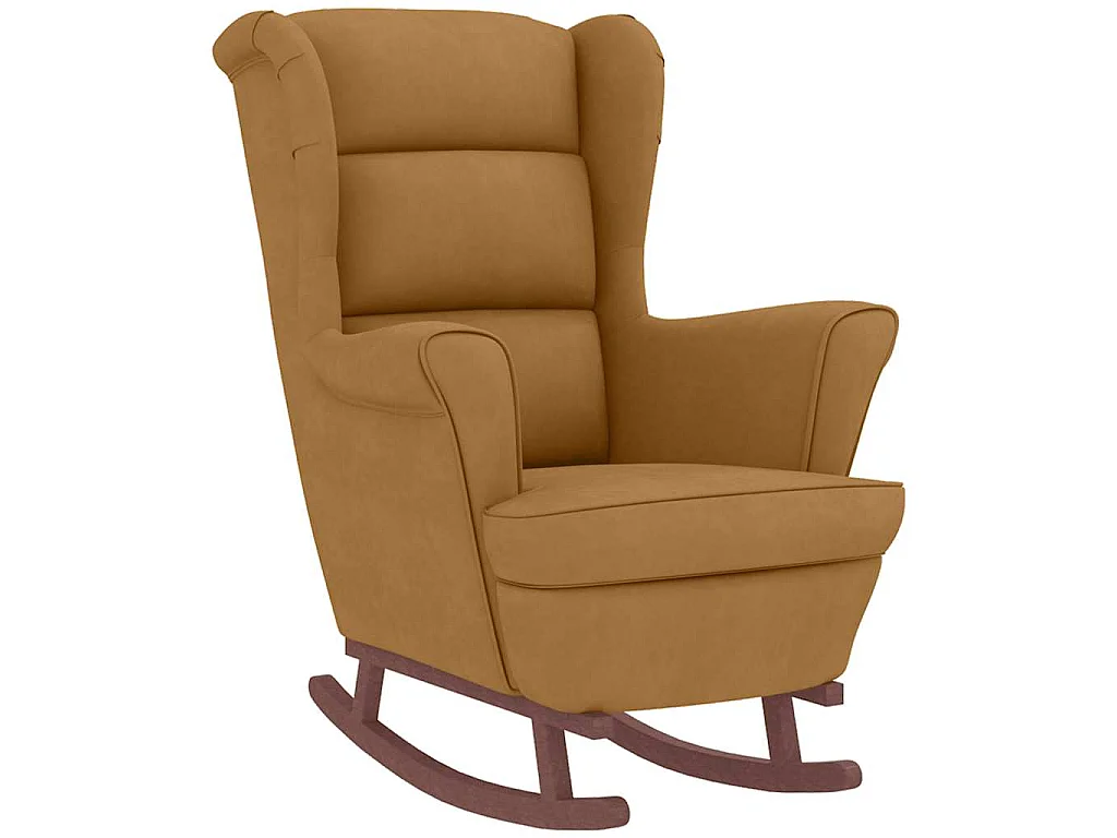 Fauteuil à bascule à oreilles en velours marron bois massif