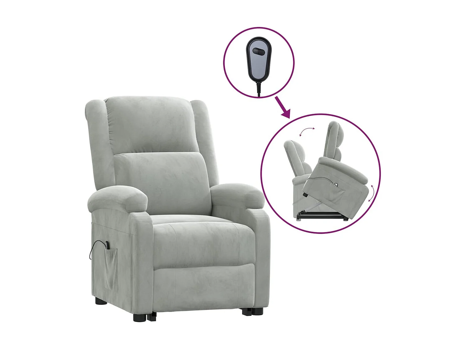 Sillón elevable de terciopelo gris claro