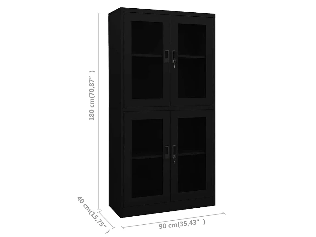 Büroschrank Schwarz 90x40x180 cm Stahl und Hartglas