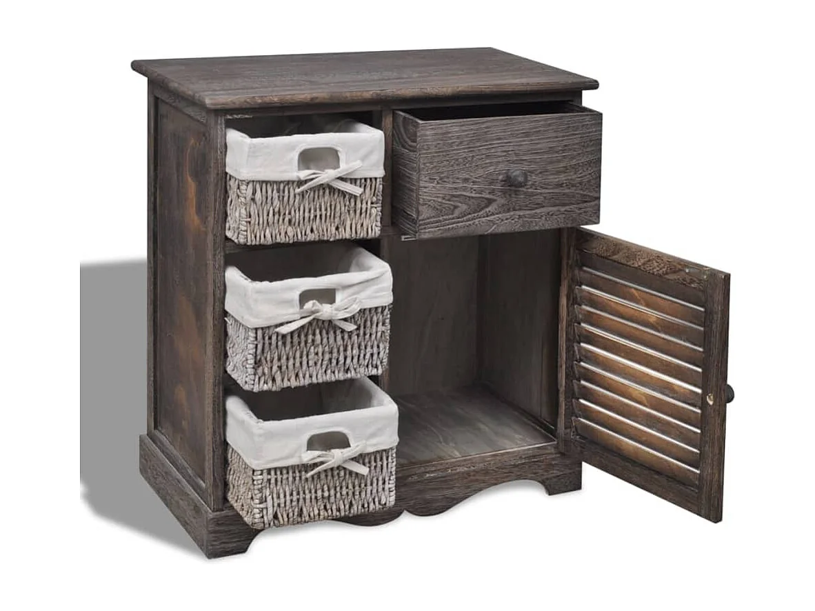 Armoire en bois 3 paniers gauches en tissage Marron