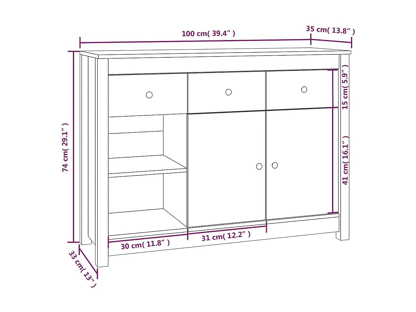 Dressoir 100x35x74 cm massief grenenhout