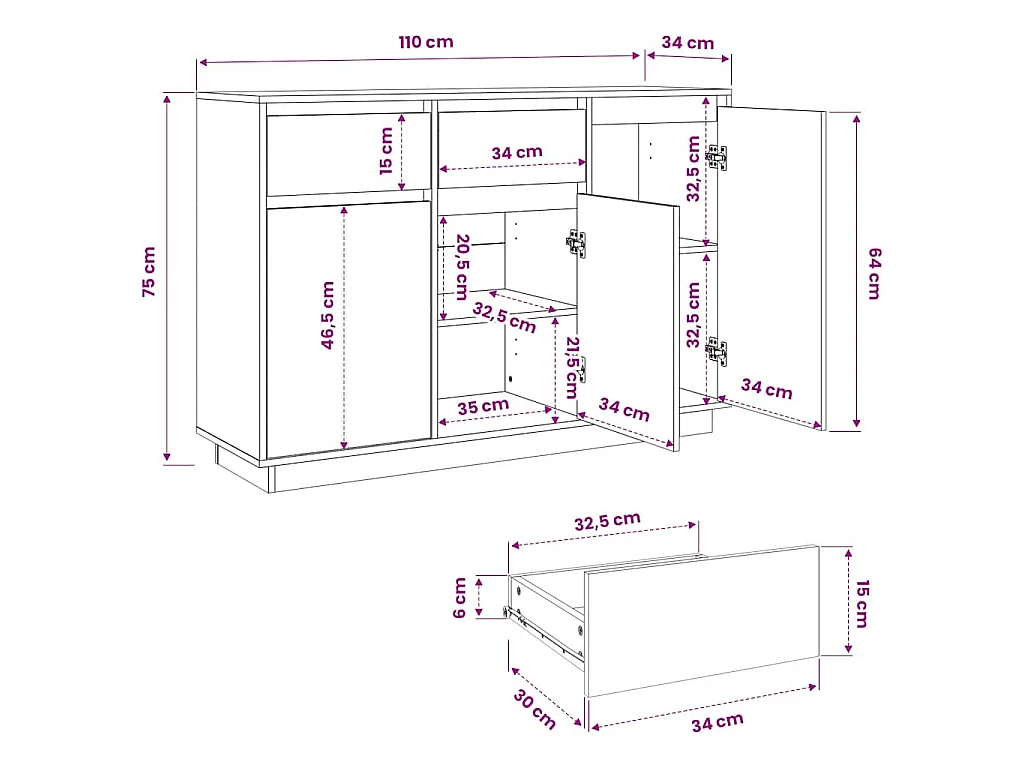 Credenza Bianca 110x34x75 cm in Legno Massello di Pino