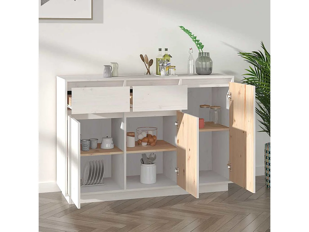 Credenza Bianca 110x34x75 cm in Legno Massello di Pino