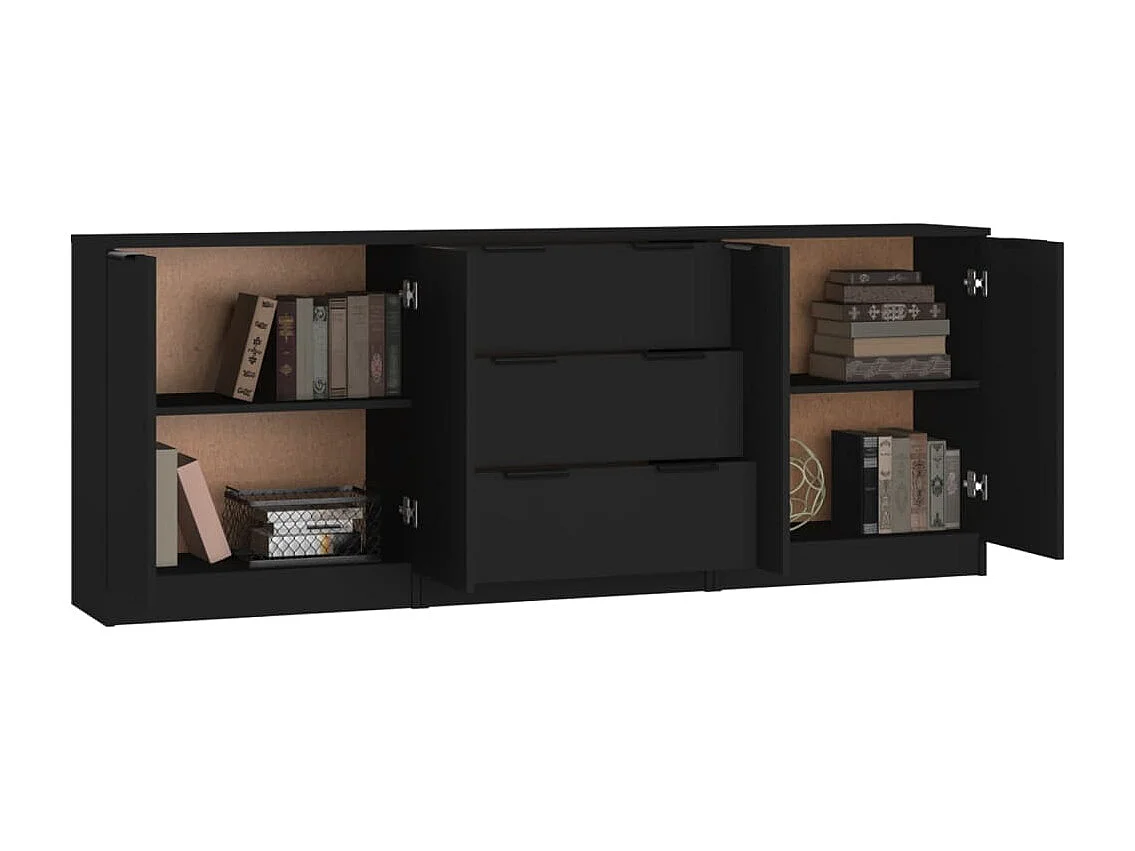 Buffets 3 pcs noir bois d'ingénierie