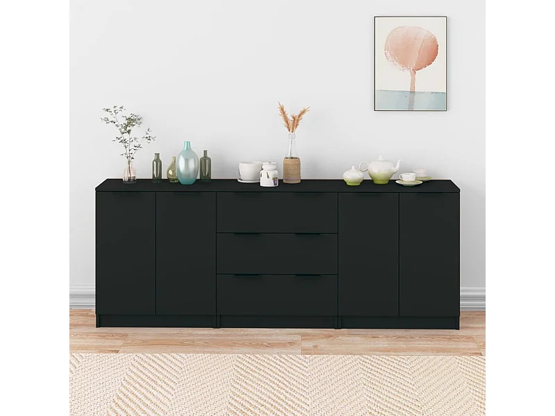 Buffets 3 pcs noir bois d'ingénierie
