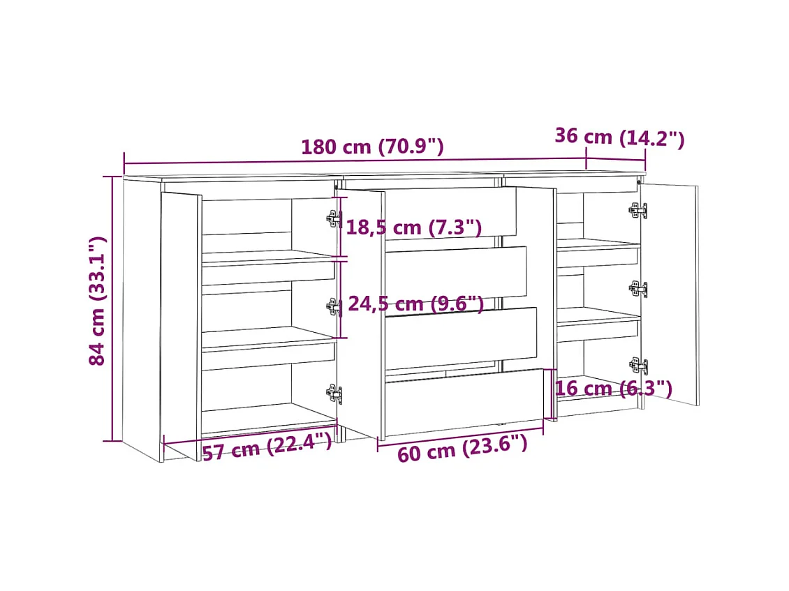 Credenze 3 pz in Legno Massello di Pino