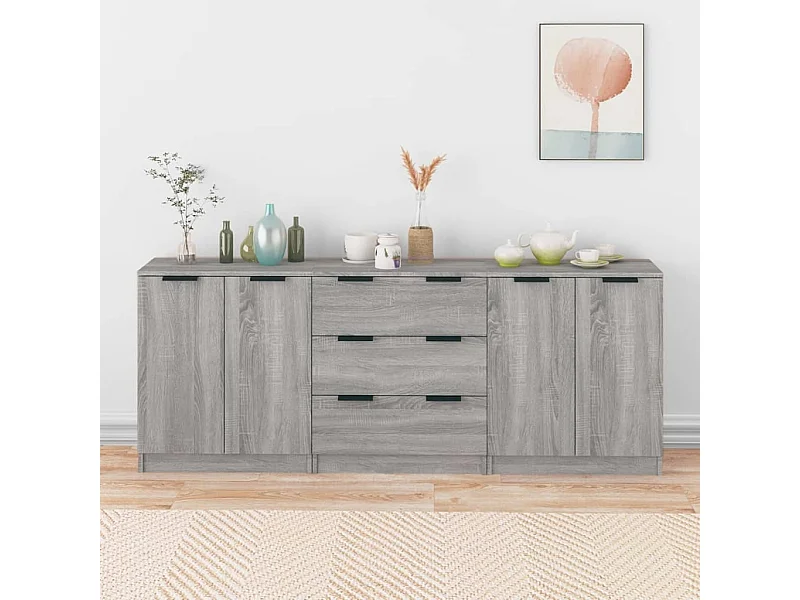Credenze 3 pz Grigio Sonoma in Legno Multistrato