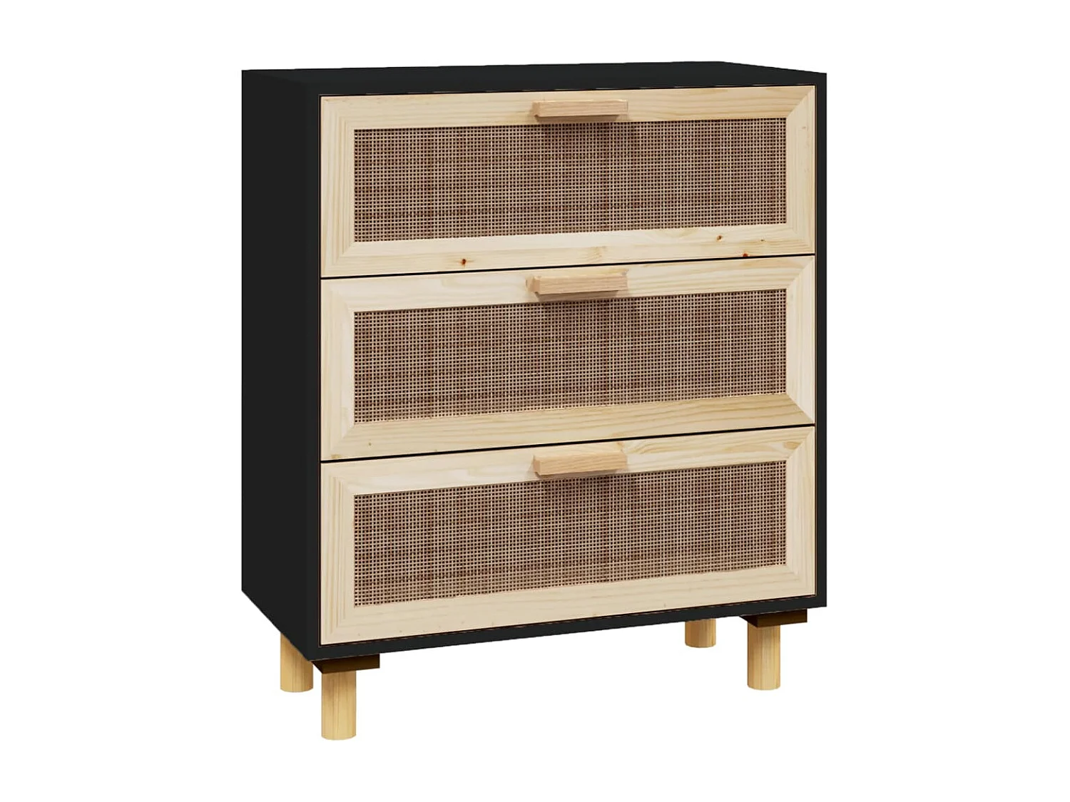 Sideboard Schwarz 60x30x70cm Massivholz Kiefer und Natur-Rattan