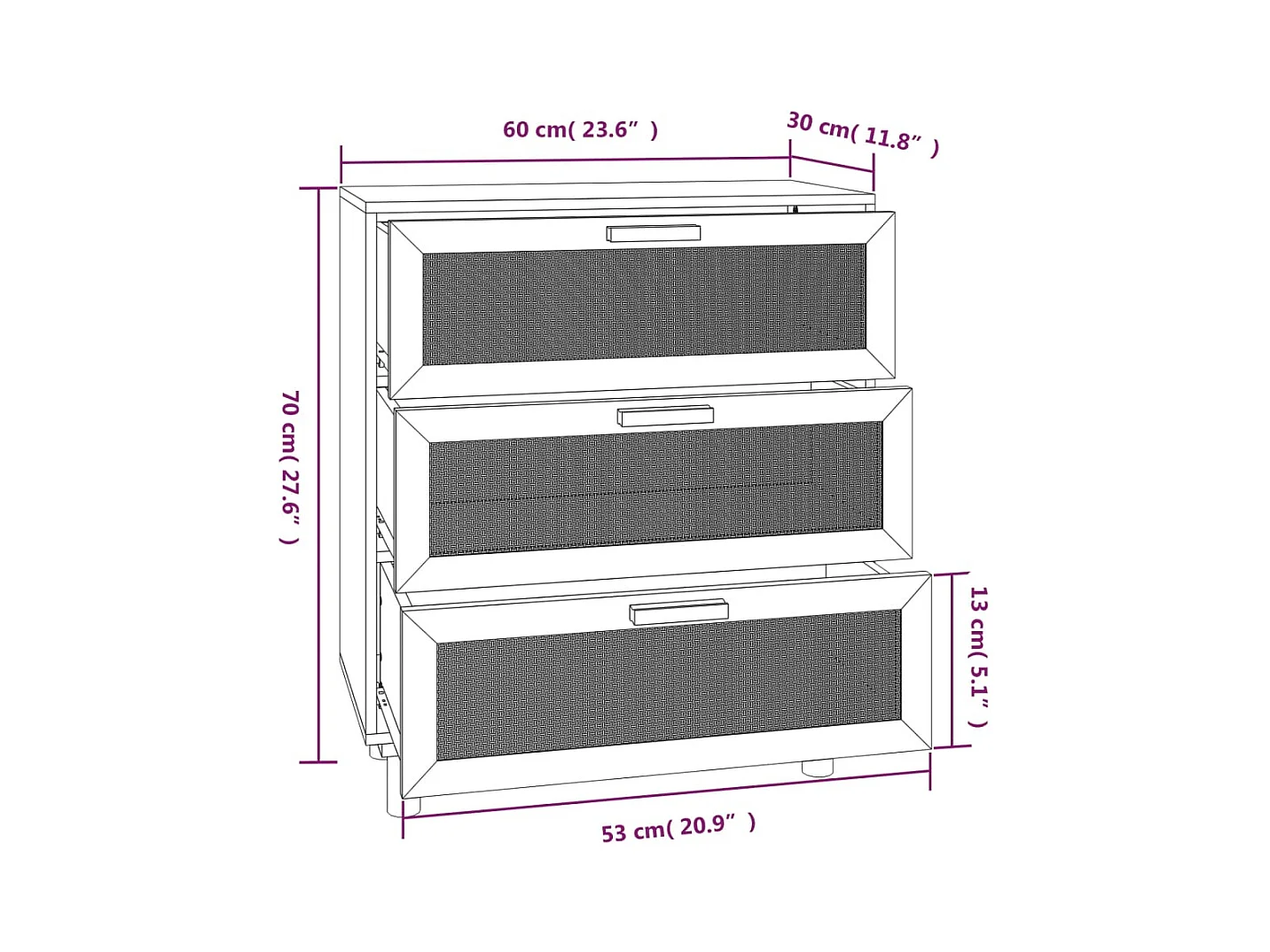 Sideboard Schwarz 60x30x70cm Massivholz Kiefer und Natur-Rattan