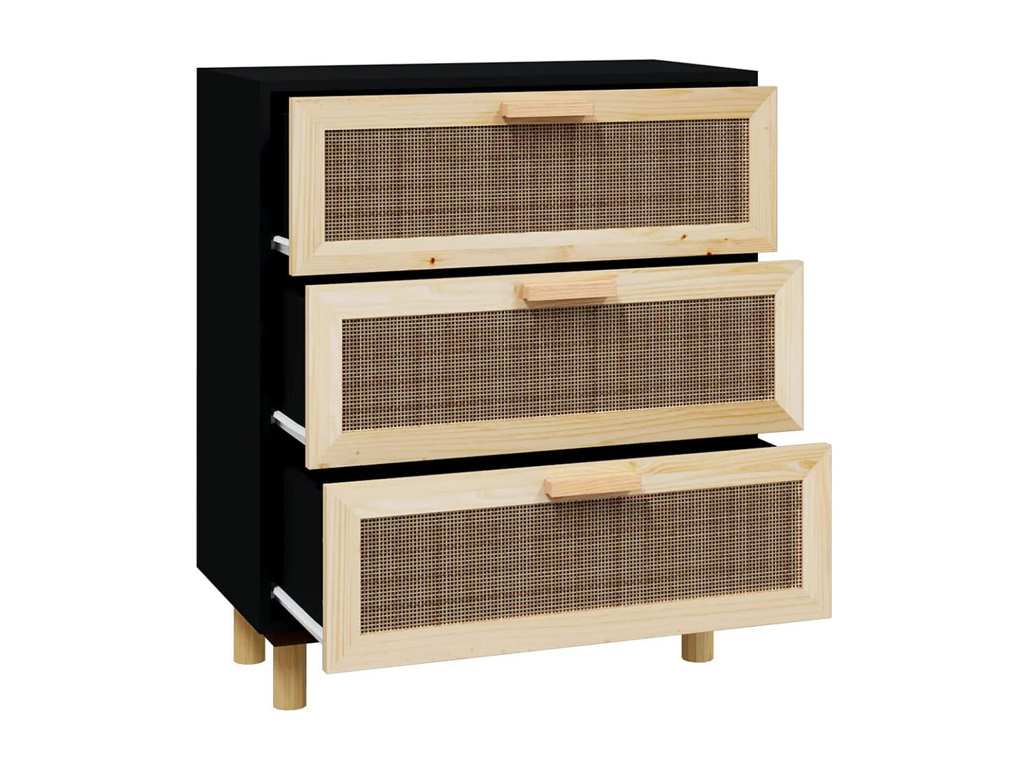 Sideboard Schwarz 60x30x70cm Massivholz Kiefer und Natur-Rattan