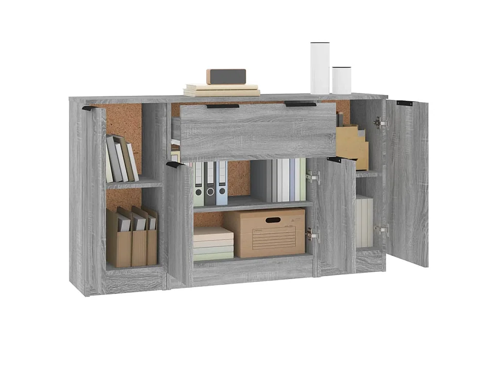 Aparadores 3 piezas madera contrachapada gris Sonoma