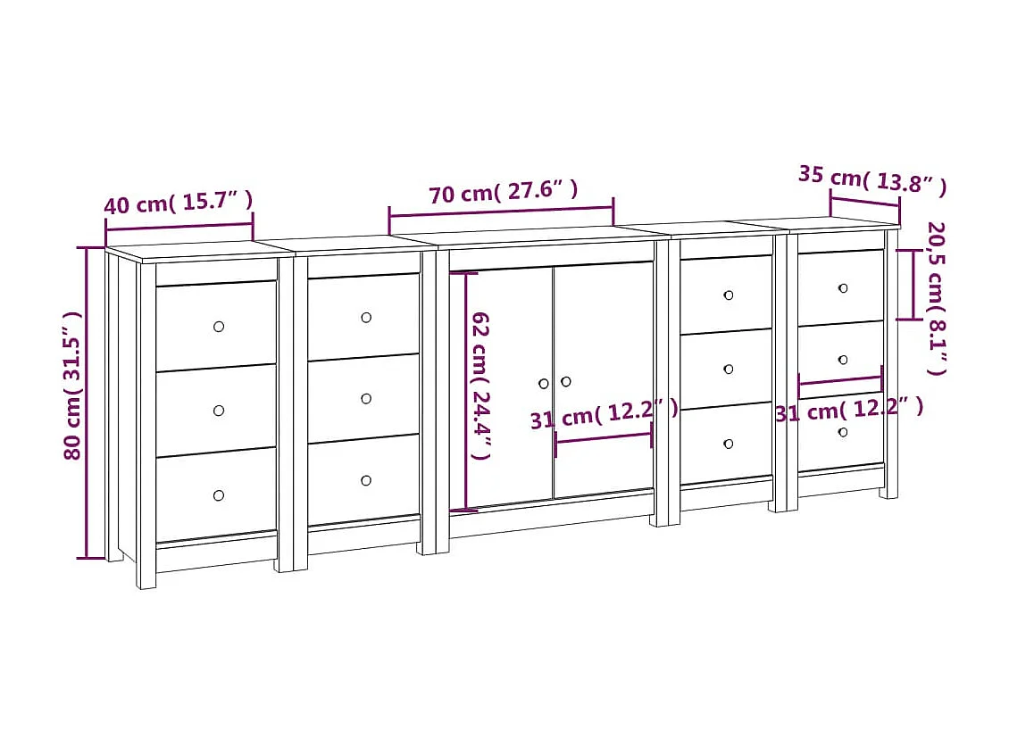 Dressoir 230x35x80 cm massief grenenhout