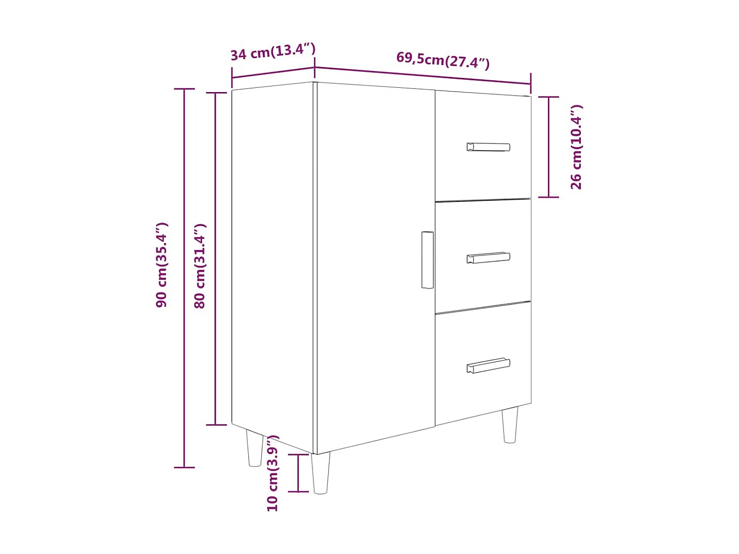 Buffet chêne marron 69,5x34x90 cm bois d'ingénierie