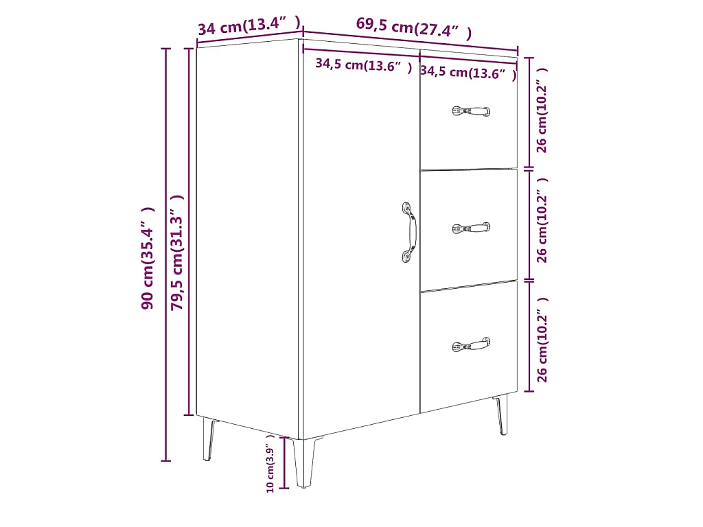 Dressoir 69,5x34x90 cm bewerkt hout wit