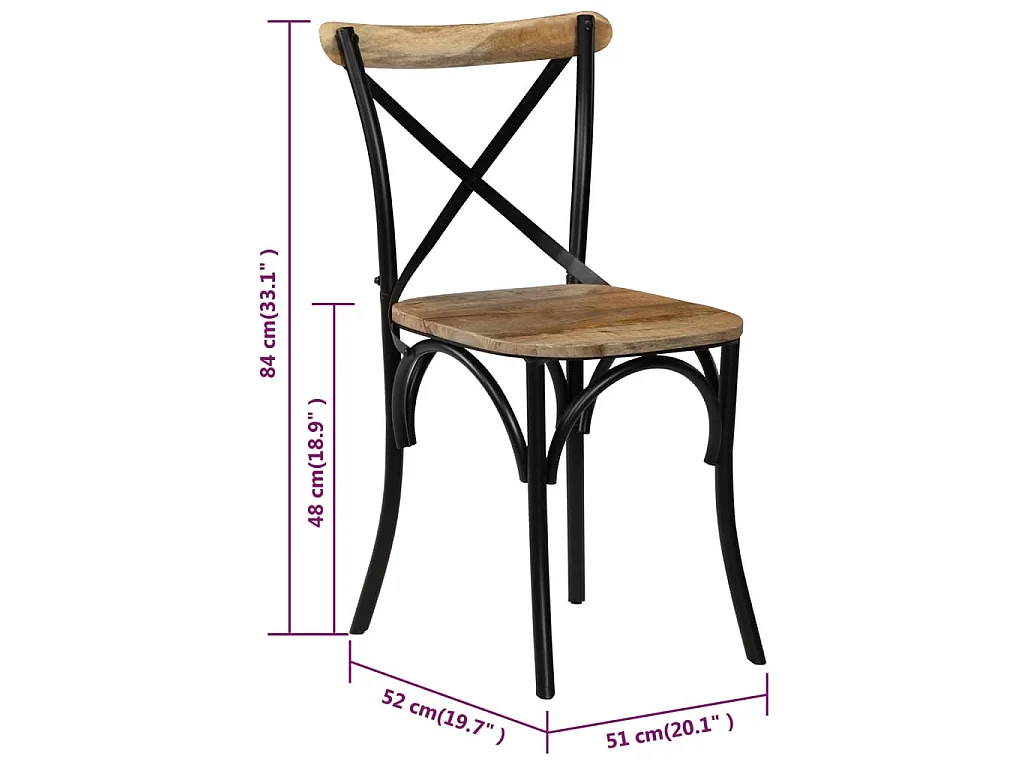 Chaises à dossier croisé lot de 6 noir bois de manguier massif