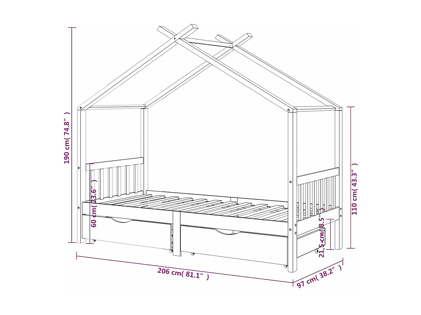 Kinderbedframe met lades massief grenenhout 90x200 cm