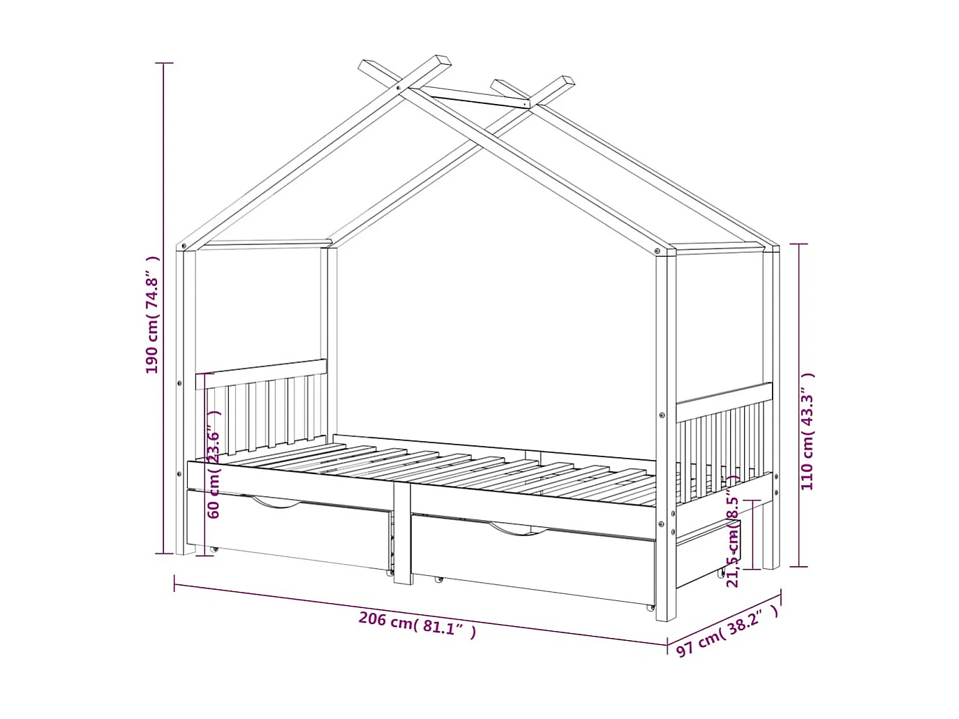 Cadre de lit enfant avec tiroirs bois de pin massif 90x200 cm