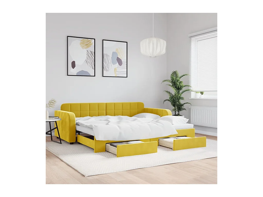 Lit de jour avec gigogne et tiroirs jaune 90x200 cm velours