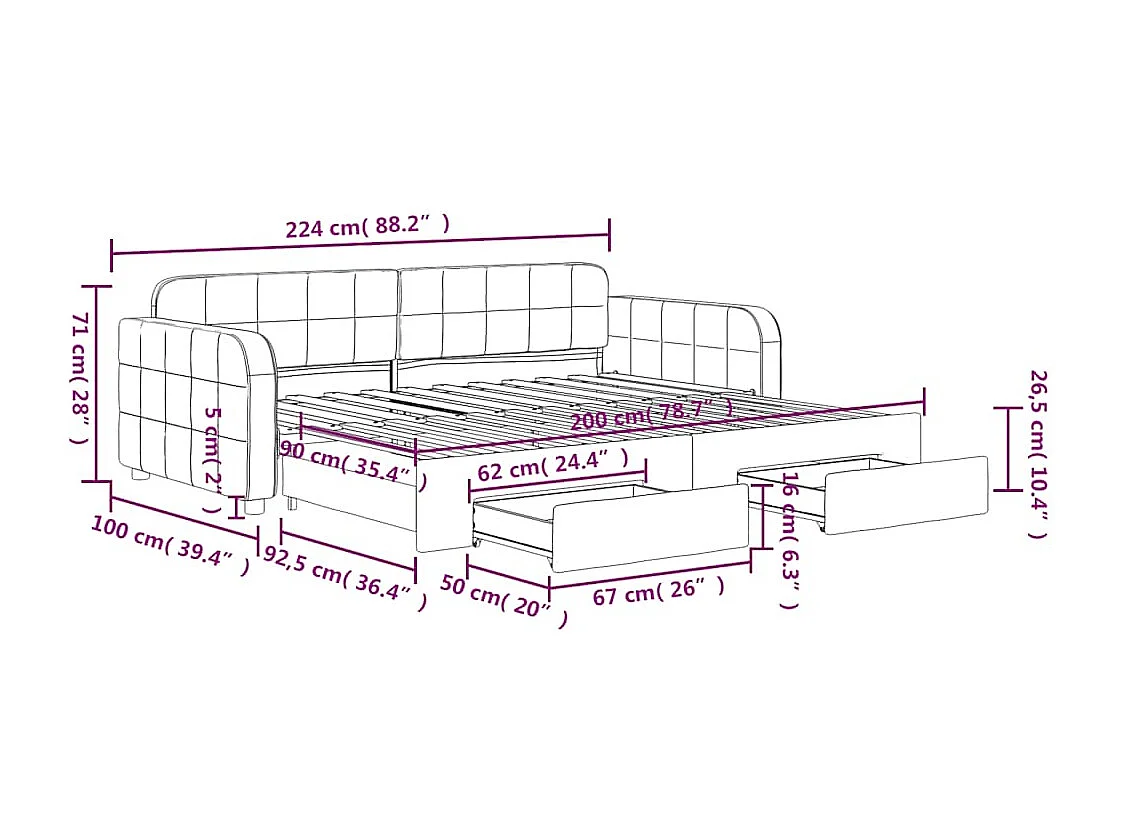 Slaapbank met onderschuifbed en lades 90x200 cm fluweel geel