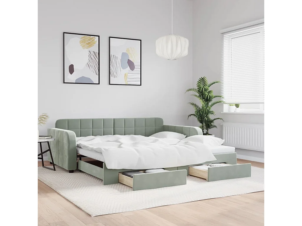 Sofá-cama c/ gavetão e gavetas 100x200 cm veludo cinzento-claro