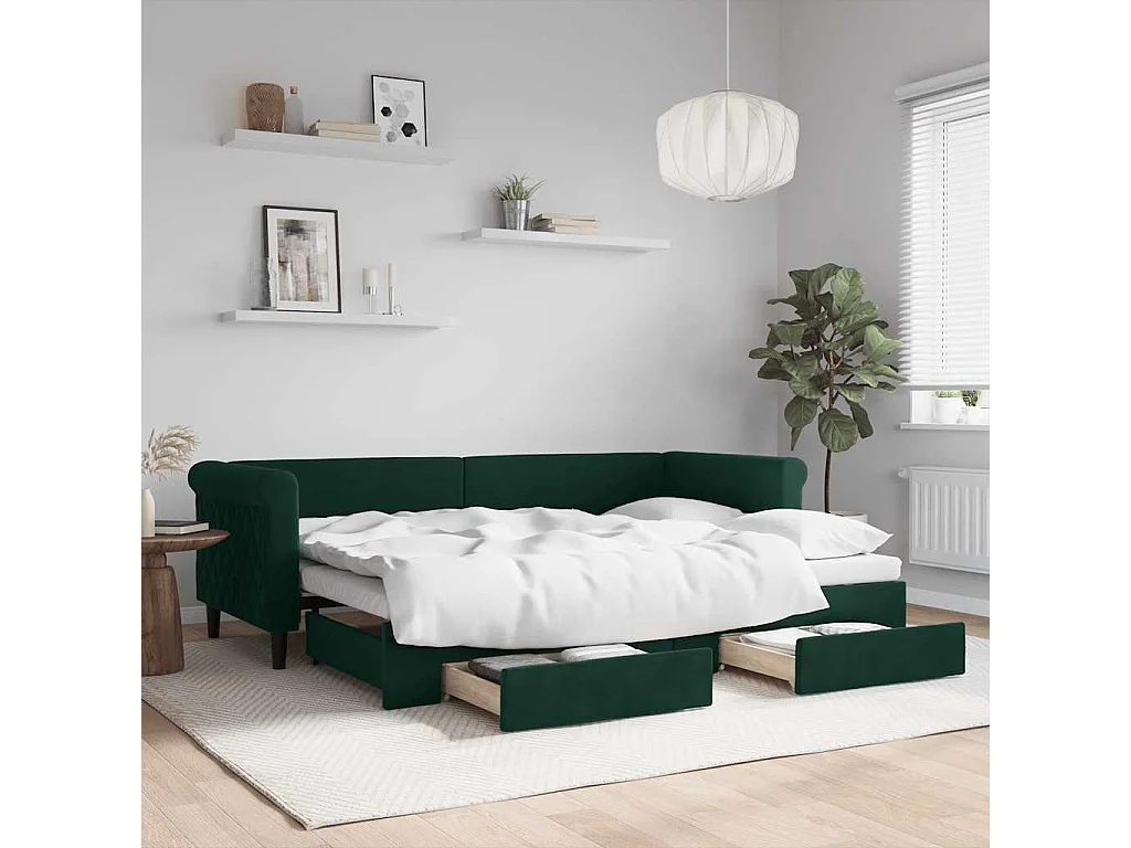 Divano Letto Estraibile Cassetti Verde Scuro 80x200cm Velluto